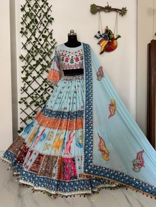 Muslin Cotton Digital Print Sky Blue Navratri Lehenga