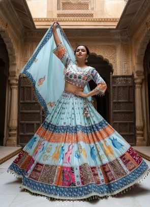 Muslin Cotton Digital Print Sky Blue Navratri Lehenga