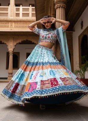 Muslin Cotton Digital Print Sky Blue Navratri Lehenga
