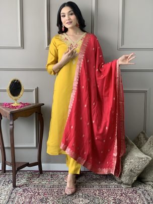 Mustard Chanderi Kurta Set With Premium Viscose Dupatta