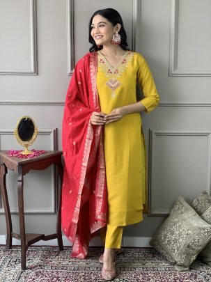 Mustard Chanderi Kurta Set With Premium Viscose Dupatta