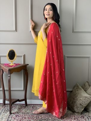 Mustard Chanderi Kurta Set With Premium Viscose Dupatta