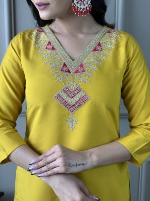 Mustard Chanderi Kurta Set With Premium Viscose Dupatta