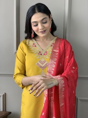 Mustard Chanderi Kurta Set With Premium Viscose Dupatta