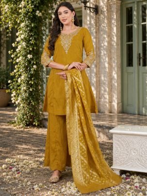 Mustard Colour Palazzo Style Kurti With Dupatta