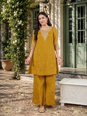 Mustard Colour Palazzo Style Kurti With Dupatta