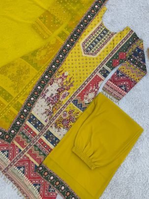 Mustard Printed Kurti Palazzo Set
