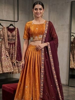 Elegance Embroidered Lehenga Choli with Wine Dupatta