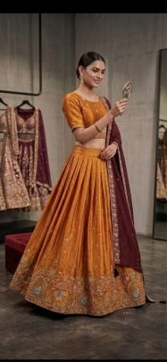 Elegance Embroidered Lehenga Choli with Wine Dupatta