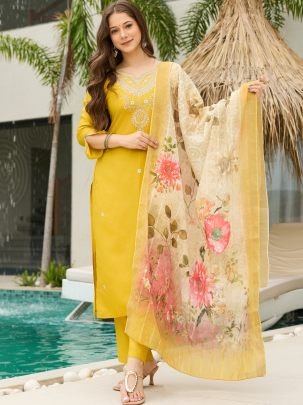 Mustard Yellow Viscose Kurta With Jacquard Dupatta