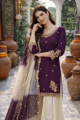 Natural French Crepe Wine Colour Palazzo Suit