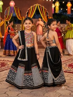 Navratri  Style Black Colour Kids Lehenga