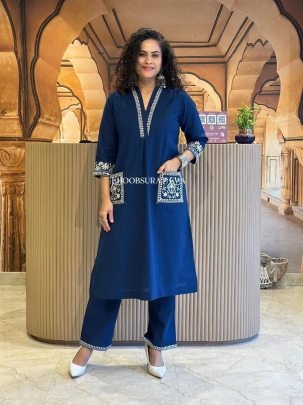 Navy Blue  Fancy  Cotton  Kurti Pant Set
