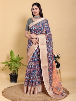 Navy Blue Jacquard Linen Cotton Saree With Floral Print And Copper Border