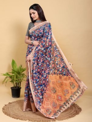 Navy Blue Jacquard Linen Cotton Saree With Floral Print And Copper Border