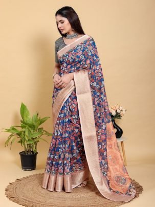 Navy Blue Jacquard Linen Cotton Saree With Floral Print And Copper Border