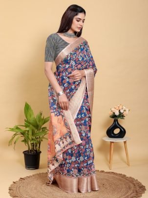 Navy Blue Jacquard Linen Cotton Saree With Floral Print And Copper Border