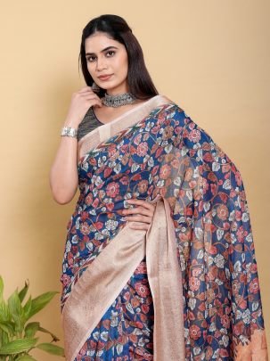Navy Blue Jacquard Linen Cotton Saree With Floral Print And Copper Border