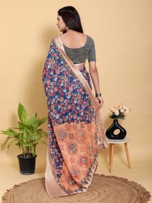 Navy Blue Jacquard Linen Cotton Saree With Floral Print And Copper Border