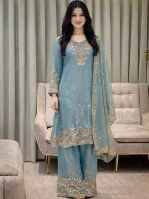 Nc Mos Silk Sky Blue Colour Palazzo Suit