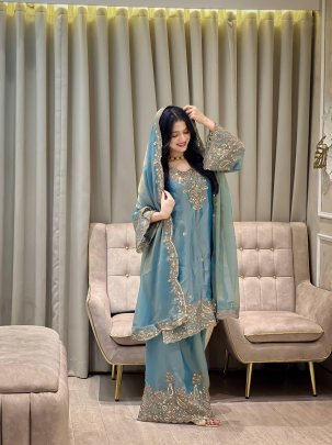 Nc Mos Silk Sky Blue Colour Palazzo Suit