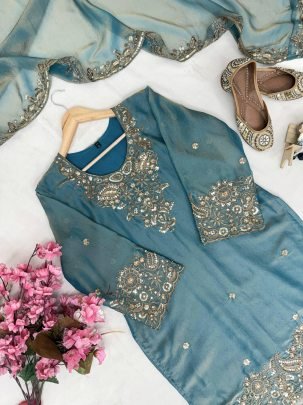 Nc Mos Silk Sky Blue Colour Palazzo Suit