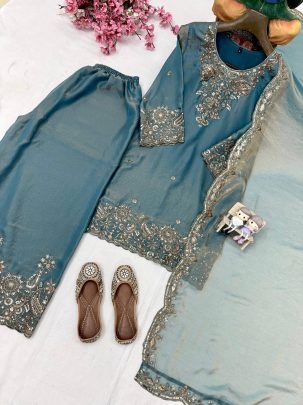 Nc Mos Silk Sky Blue Colour Palazzo Suit