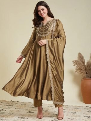 New Trendy Anarkali Designers kurti Pent Set with Golden Colour