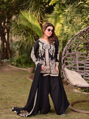 Noir Elegance Faux Georgette Embroidered Palazzo Suit Set with Dupatta