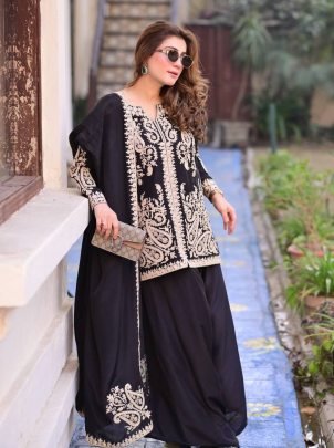 Noir Elegance Faux Georgette Embroidered Palazzo Suit Set with Dupatta
