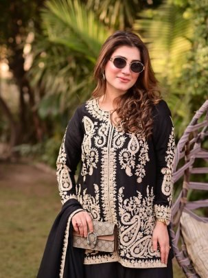Noir Elegance Faux Georgette Embroidered Palazzo Suit Set with Dupatta
