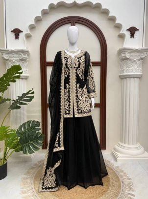 Noir Elegance Faux Georgette Embroidered Palazzo Suit Set with Dupatta