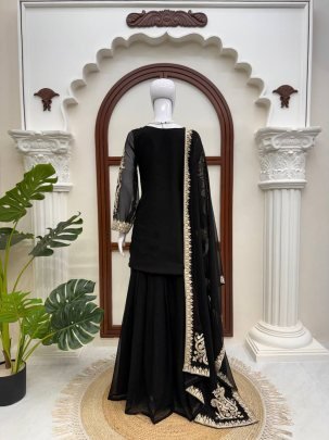 Noir Elegance Faux Georgette Embroidered Palazzo Suit Set with Dupatta