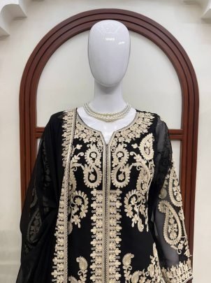 Noir Elegance Faux Georgette Embroidered Palazzo Suit Set with Dupatta