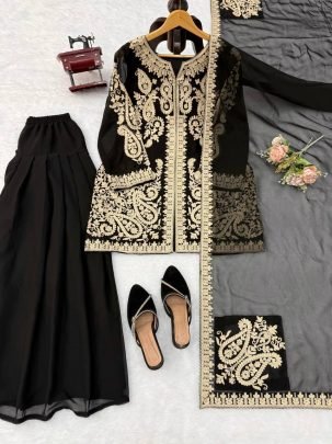 Noir Elegance Faux Georgette Embroidered Palazzo Suit Set with Dupatta