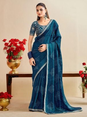  Rama Blue Ocean Mist Bandhani Saree