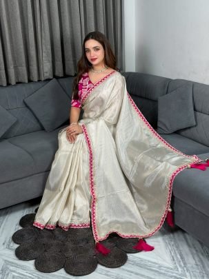 Off White Color Satin Saree With Sequins Embroidery Work