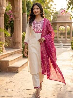 Off White Cotton Kurti Pant Set With Pink Dupatta