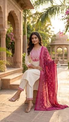 Off White Cotton Kurti Pant Set With Pink Dupatta