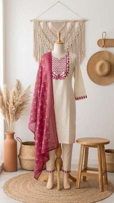 Off White Cotton Kurti Pant Set With Pink Dupatta