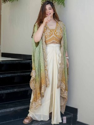 Off White Cowl Skirt Mustard Blouse and Shrug With Embroidery