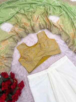 Off White Cowl Skirt Mustard Blouse and Shrug With Embroidery