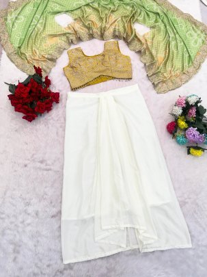 Off White Cowl Skirt Mustard Blouse and Shrug With Embroidery