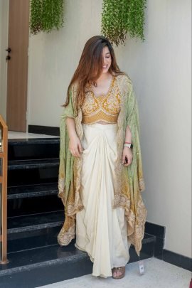 Off White Cowl Skirt Mustard Blouse and Shrug With Embroidery
