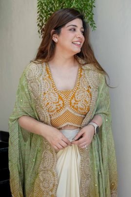 Off White Cowl Skirt Mustard Blouse and Shrug With Embroidery