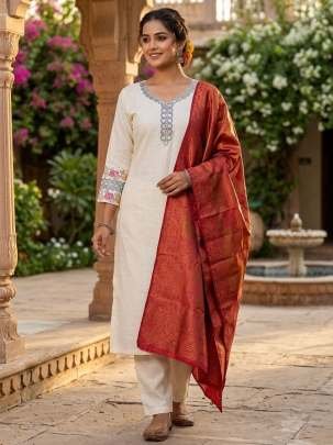 Off White Embroidered Kurti Pant Set With Maroon Chanderi Cotton Dupatta