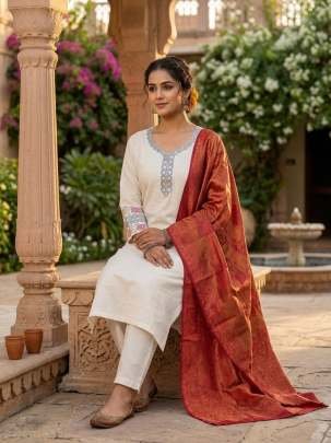 Off White Embroidered Kurti Pant Set With Maroon Chanderi Cotton Dupatta