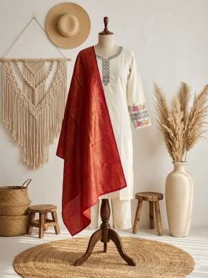 Off White Embroidered Kurti Pant Set With Maroon Chanderi Cotton Dupatta