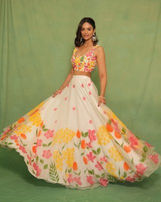 Off White Floral Print Tabby Silk Full Flare Lehenga Choli With Digital Print Blouse