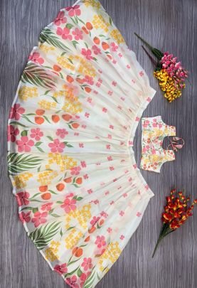 Off White Floral Print Tabby Silk Full Flare Lehenga Choli With Digital Print Blouse